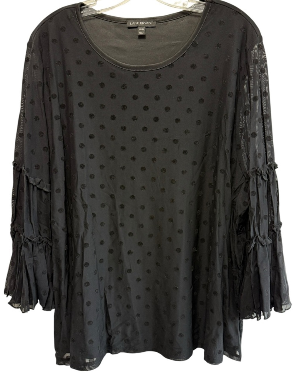 Lane Bryant Black Polka Dot Mesh Sleeve Top very pretty ruffles on sleeves